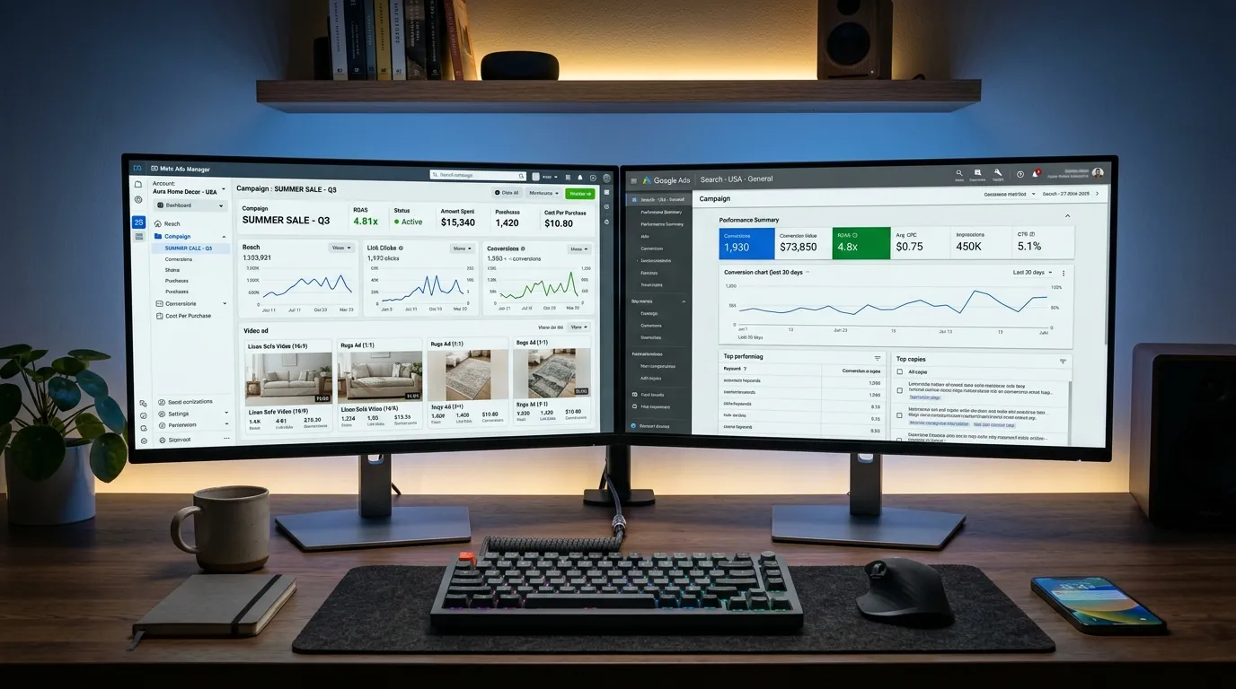 Meta & Google Ads Multi-Screen Operations Center